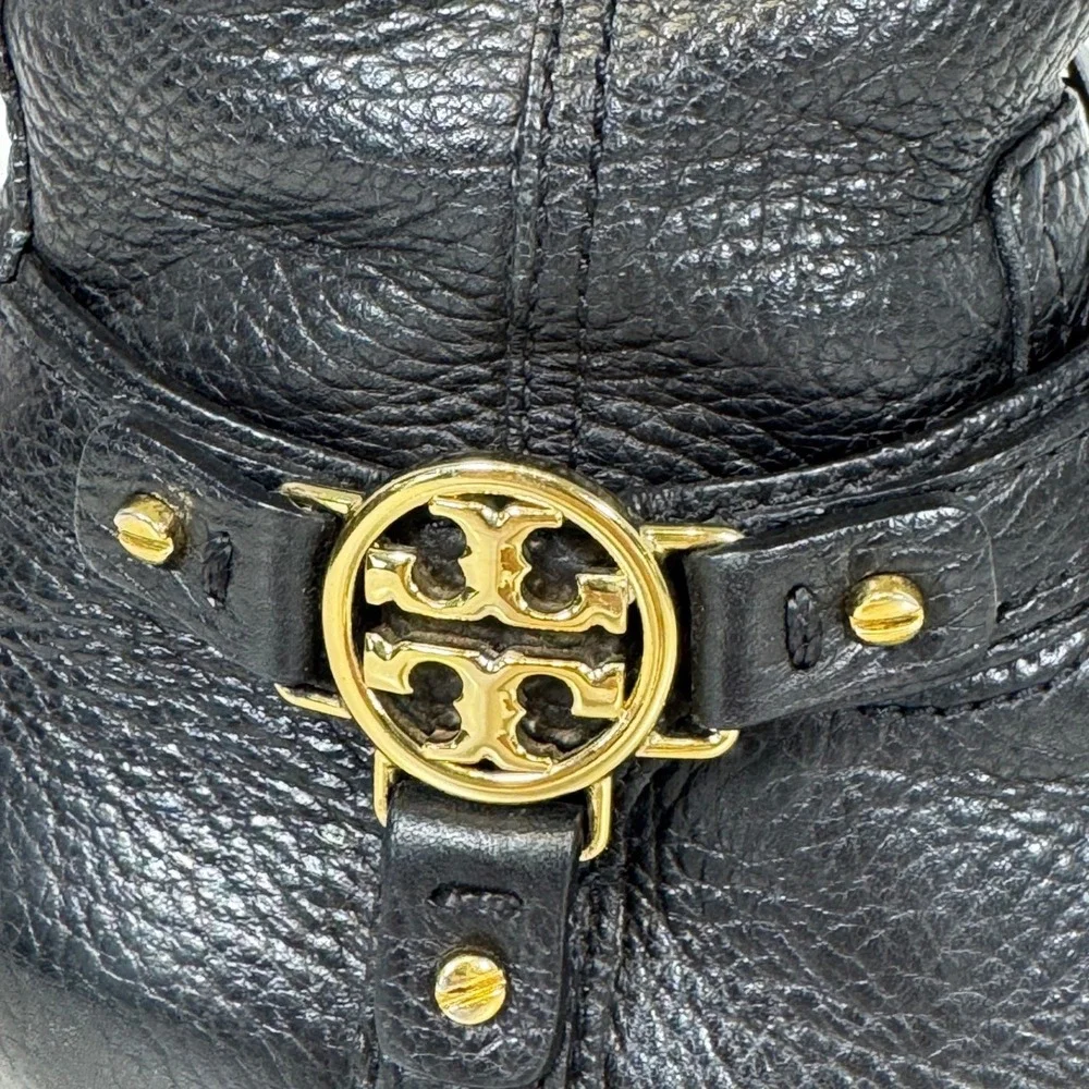 Tory Burch Women's Size 5M Black Leather Riding Boots Gold Logo Buckle Knee High